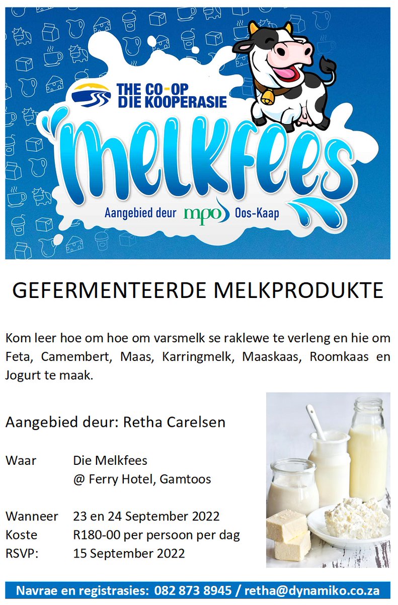 Dis 'n MOOOoooviese lekker tyd wat voorlê mense!  Dis amper Melkfeesmaand! 
Op 23 + 24 September gaan ons kuier onder die bome en op die groen gras (net soos ons koeie daarvan hou!) van die Ferry Hotel, Gamtoos.  En as die doutjies val, bring 'n sambreel en 'n warm gees! <a href="/MilkMpo/">MPO - Milk Producers' Organisation</a>