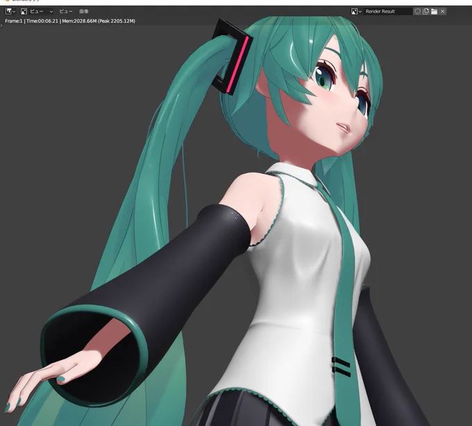 #Blender3d #b3d こつこつやってだいぶ見栄え良くなったミクさんでもリグとウェイトペイントとシェイプキーがまだ残ってる・・・つら 