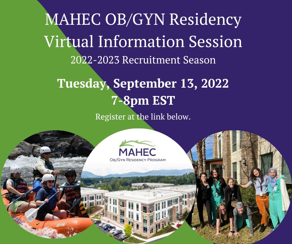 MAHECwnc's tweet photo. Interested in #MAHEC's OB/GYN Residency program? Join us virtually September 13 to learn more! Register and submit your questions at: https://t.co/zpqKnWOdxI #obgynresidency #obgyn https://t.co/4XNQ4i4S1U