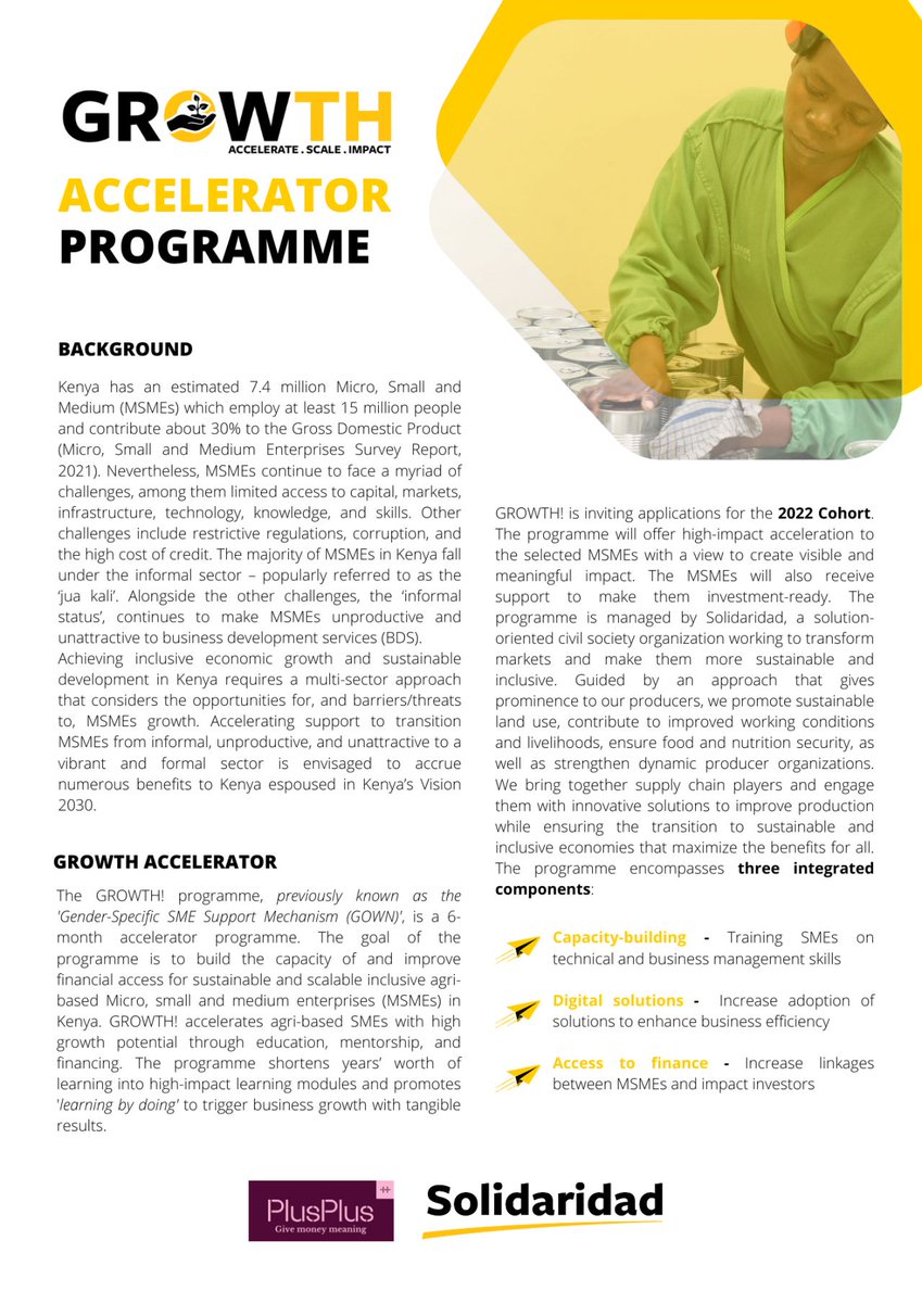 #GrowthAccelerator #CallforApplications 2022 Cohort.
<a href="/SolidaridadECA/">Solidaridad East and Central Africa</a>  is now accepting applications for the #GrowthAccelerator Programme - 2022 Cohort. 
Apply before September 2nd, 2022 - Midnight East African Time (EAT)
lnkd.in/dv7XFpcA

#Changethatmatters
