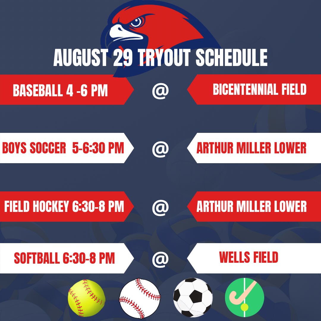 Today’s tryout schedule! See you at the field! #Hawks 🥎⚾️⚽️🏑