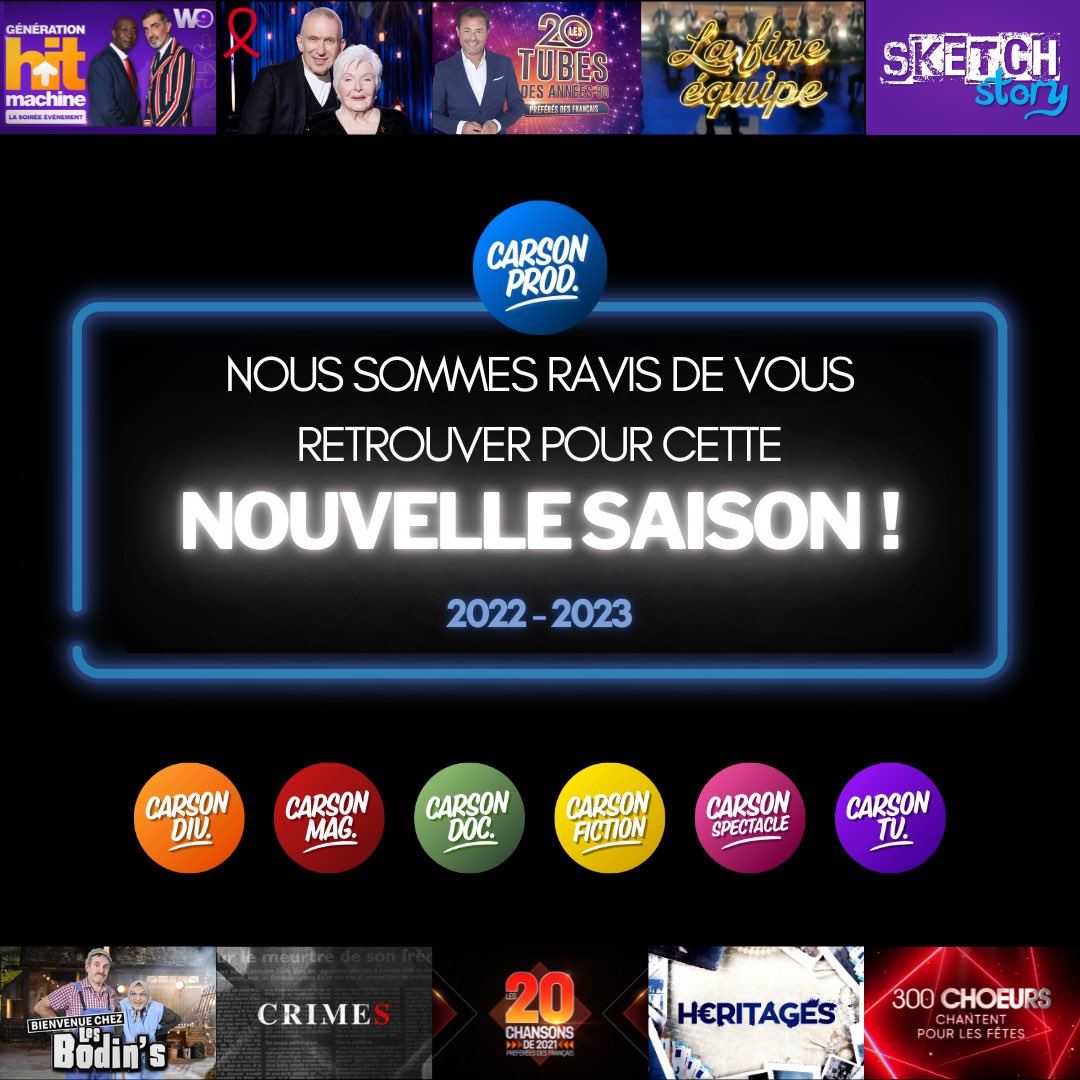 carson_prod's tweet photo. Carson Prod vous souhaite une bonne rentrée 2022-2023 ! 🗓
Cette saison, Carson Prod vous propose des formats inédits mais également vos formats favoris 🌟
#carsonprod #rentrée #nouvellesaison #télévision https://t.co/O3eD0fo11Y
