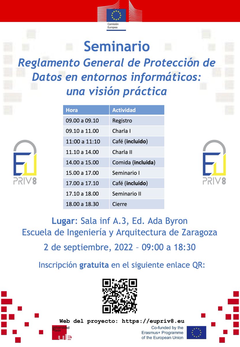 eupriv8's tweet photo. ¡Arrancamos el curso! Y lo hacemos con un seminario en @unizar 🗣️

📅 Viernes 2 de septiembre
⏰ 9:00 - 18:30
📍 Sala inf A.3, Ed. Ada Byron, Escuela de Ingeniería y Arquitectura de Zaragoza

¡Os esperamos! https://t.co/fmaKo9iA5d