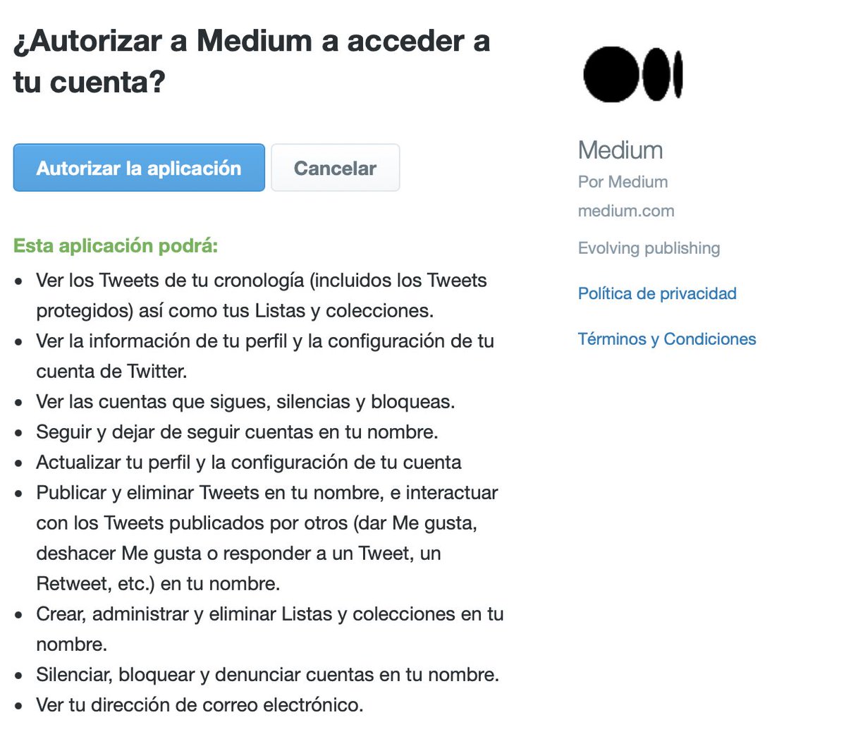 Iba a integrar mi cuenta de twitter con Medium y me da la impresión de que estoy vendiendo mi alma al diablo. ¿Para qué narices necesita Medium denunciar cuentas en mi nombre?