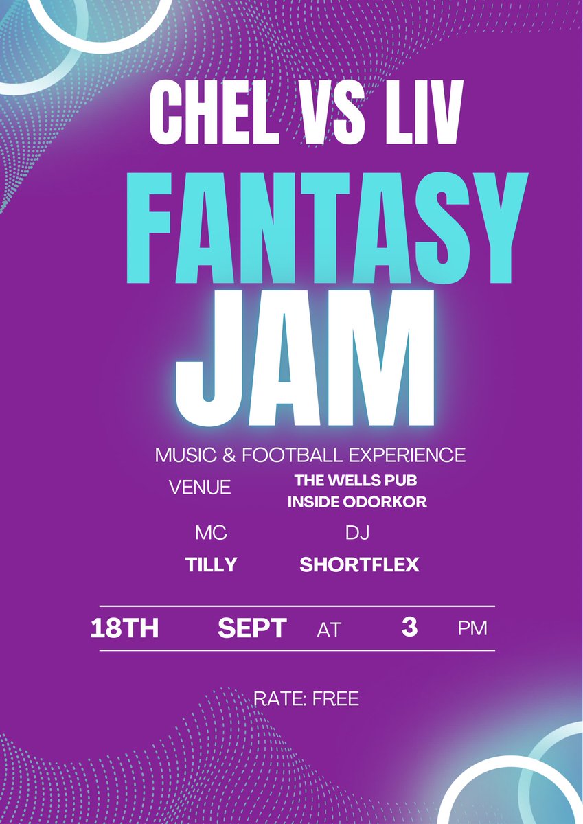 itsfusetv's tweet photo. Football is back: #OneplayPicks Fantasy Jam is a music and football experience. 
Chelsea Vs Liverpool Match on Giant screens + performance by your favorite musicians 
Date: Sunday 18th Sept, 2022
Venue: The Wells Pub inside ODORKOR - Gloryland 
Rate: Free. 
#CultureLivesHere https://t.co/ws41EIa4VQ