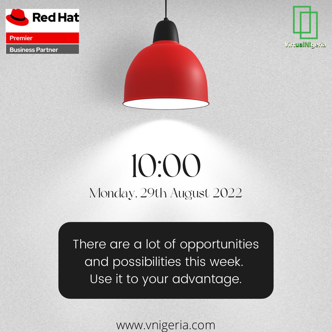 vnigeria_'s tweet photo. You've got this! ๐ช
We are rooting for you.
#monday #mondaymotivation #mondaythoughts #upskill #upskillyourcareer #linux #opensource #redhat #technology #training #commandline #sysadmins #systemengineers https://t.co/aG3CoTmIdI