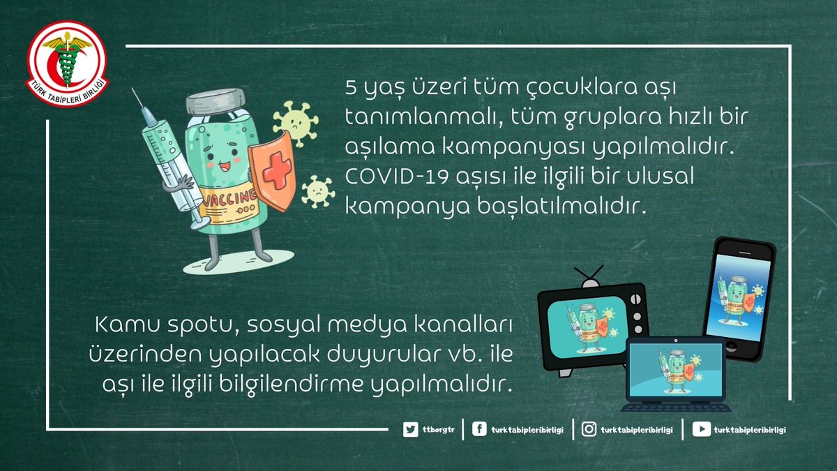 📌5 yaş üzeri tüm çocuklara aşı tanımlanmalı, tüm gruplara hızlı bir aşılama kampanyası yapılmalıdır. COVID-19 aşısı ile ilgili bir ulusal kampanya başlatılmalıdır. Kamu spotu, sosyal medya kanalları üzerinden yapılacak duyurular vb. ile aşı ile ilgili bilgilendirme yapılmalıdır.