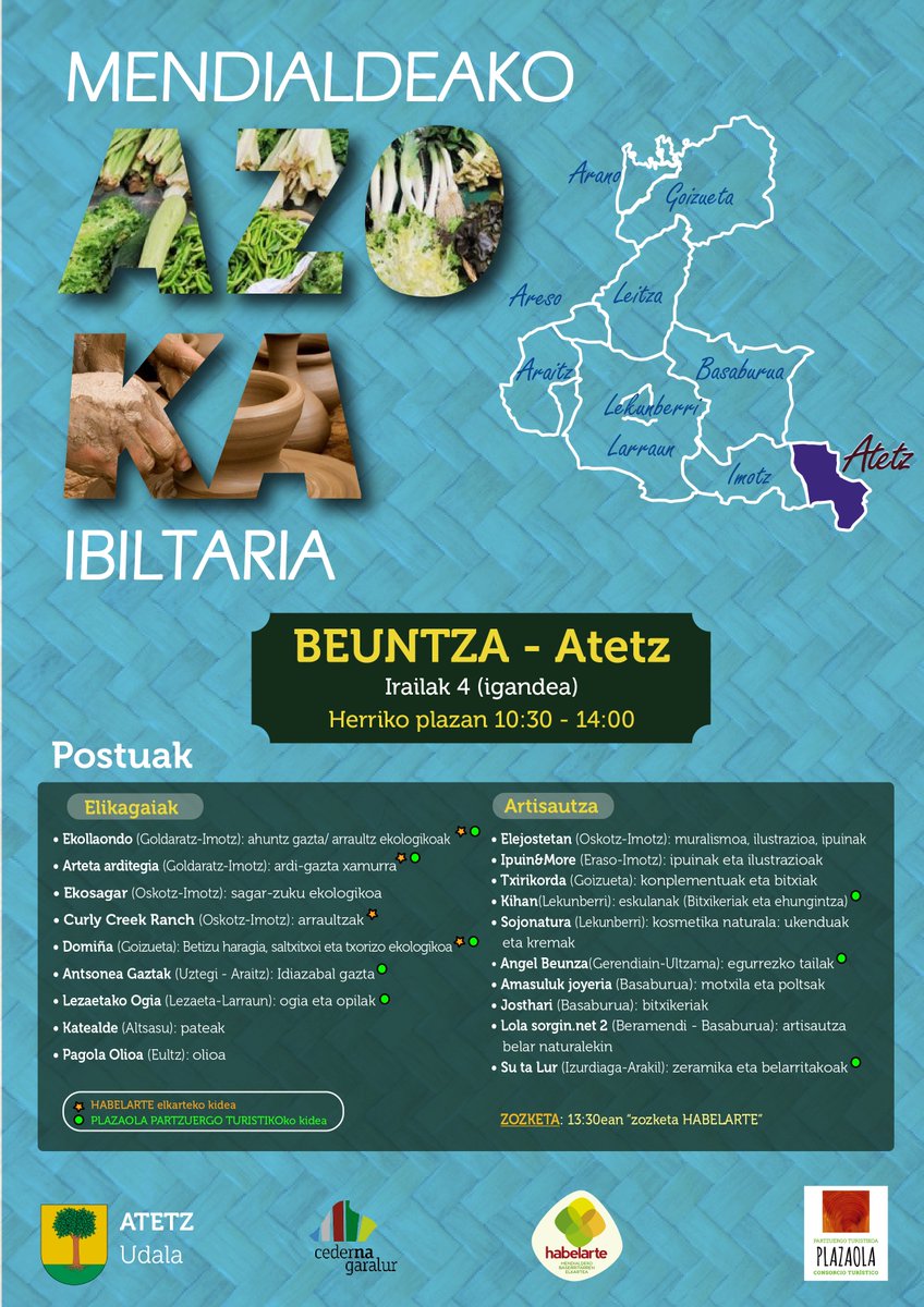 plazaola_org's tweet photo. 🧀🌽🍞🍊Mendialdeko azoka ibiltariaren amaierara iritsi gara! Irailaren 4an, igandea, Beuntzan (Atetz) amaituko dugu.

Gure inguruko elikagai eta artisautza postuez gozatu ahal izango duzue! Animatu uda beste era batera bukatzera!

@VisitNavarra  @CedernaGaralur #Atetz #Habelarte https://t.co/MA3ZkxqrcP