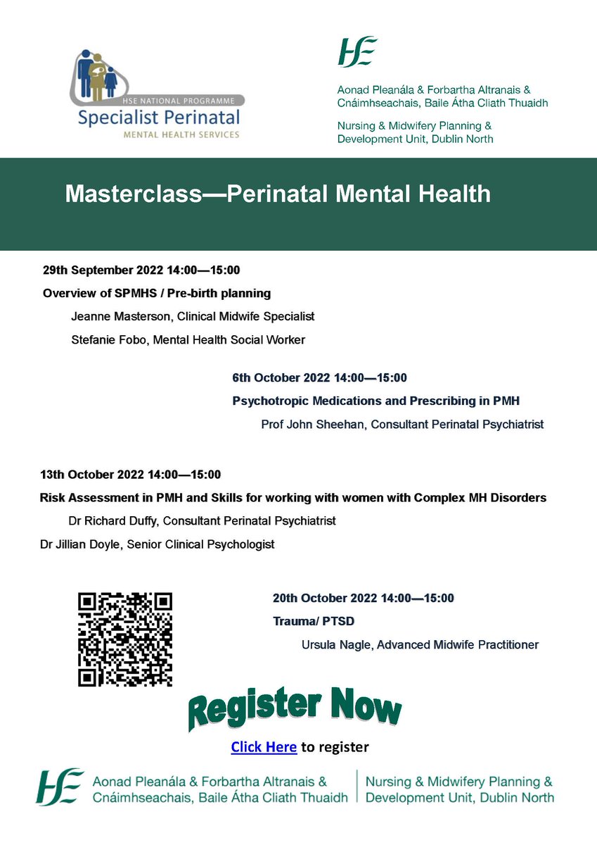 NMPDUDN's tweet photo. NMPDU DN together with Rotunda Hospital Specialist Perinatal Mental Health team are hosting a series of Perinatal Mental Health masterclasses. Nurses & Midwives from all disciplines who interact with women in the perinatal period are welcome to attend
https://t.co/t6ynfZBRcr https://t.co/4UsD4IVp73