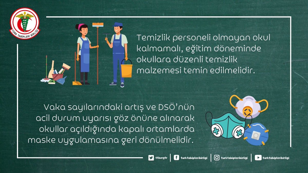 ttborgtr's tweet photo. 📌 Temizlik personeli olmayan okul kalmamalı, eğitim döneminde okullara düzenli temizlik malzemesi temin edilmelidir.

📌 Vaka sayılarındaki artış ve DSÖ’nün acil durum uyarısı göz önüne alınarak okullar açıldığında kapalı ortamlarda maske uygulamasına geri dönülmelidir. https://t.co/5C2A6ANWs3