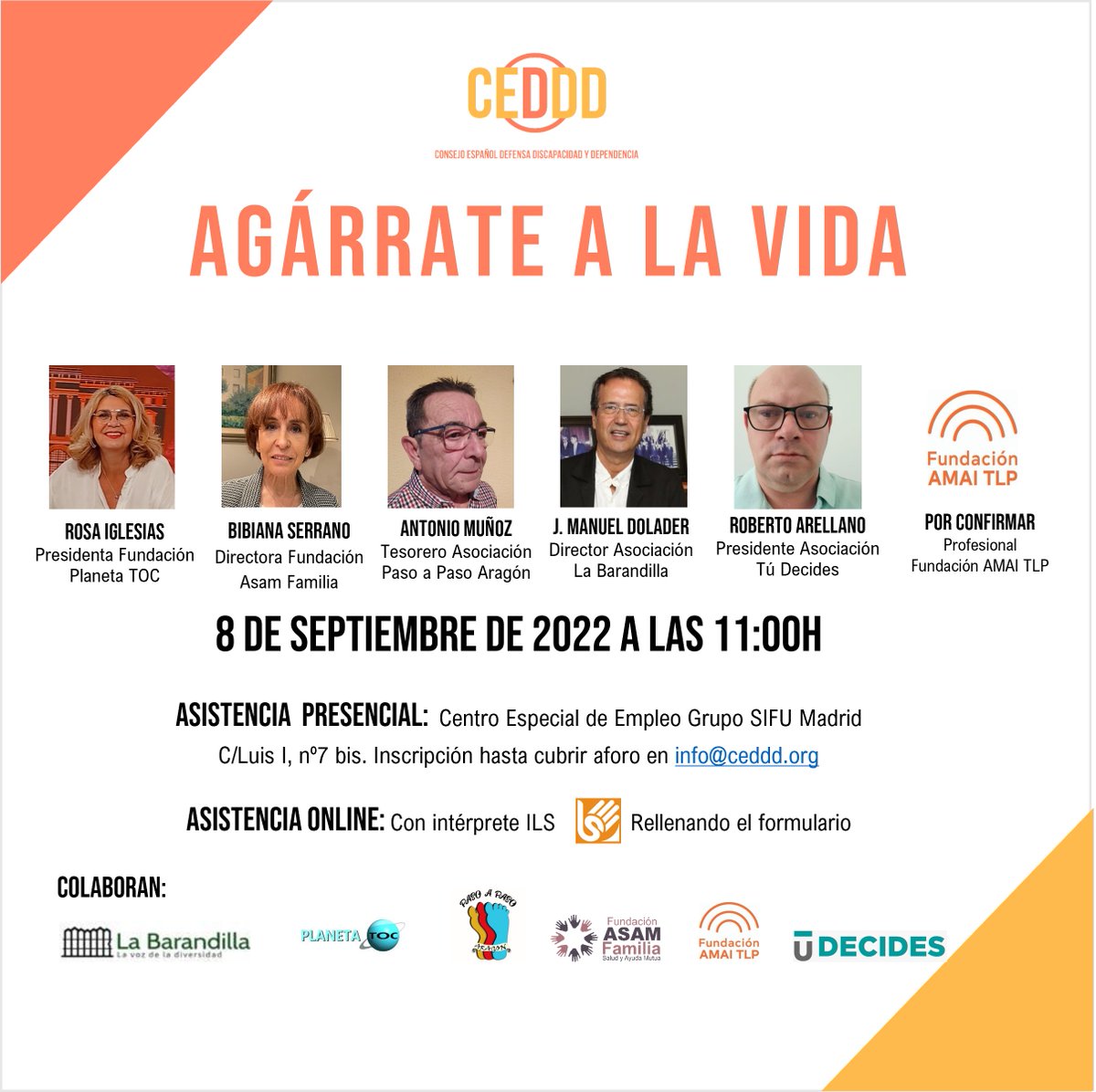 CEDDD (@ceddd_) on Twitter photo 🔜#SaveTheDate #JornadaCEDDD 'Agárrate a la vida'
🗓️ 8 de septiembre
⏰ 11:00 h.
👉 Con <a href="/RadioBarandilla/">Radio La Barandilla</a> <a href="/Planeta_toc/">Planeta_TOC</a> @FundacionASAM <a href="/pasoapasoaragon/">Asociación Paso a Paso Aragón</a> <a href="/AsocTuDecides/">AsociacionTúDecides</a> y <a href="/AMAITLP/">AMAI TLP</a>
📍 Presencial (Madrid) y online
📌+info e inscripciones: bit.ly/3zmGjdN 🔜#SaveTheDate #JornadaCEDDD 'Agárrate a la vida'
🗓️ 8 de septiembre
⏰ 11:00 h.
👉 Con <a href="/RadioBarandilla/">Radio La Barandilla</a> <a href="/Planeta_toc/">Planeta_TOC</a> @FundacionASAM <a href="/pasoapasoaragon/">Asociación Paso a Paso Aragón</a> <a href="/AsocTuDecides/">AsociacionTúDecides</a> y <a href="/AMAITLP/">AMAI TLP</a>
📍 Presencial (Madrid) y online
📌+info e inscripciones: bit.ly/3zmGjdN