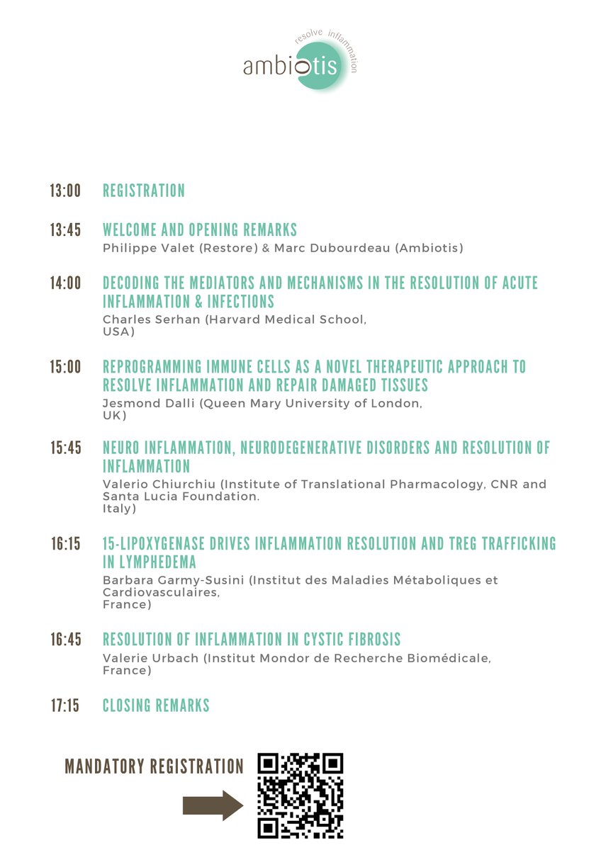 On September 15th will be conducted a seminar on the resolution of inflammation for the 15th anniversary of Ambiotis. Researchers conducting cutting-edge work are taking part in and a major intervention of Charles Serhan, Professor at Harvard is planned.
docs.google.com/forms/d/e/1FAI…