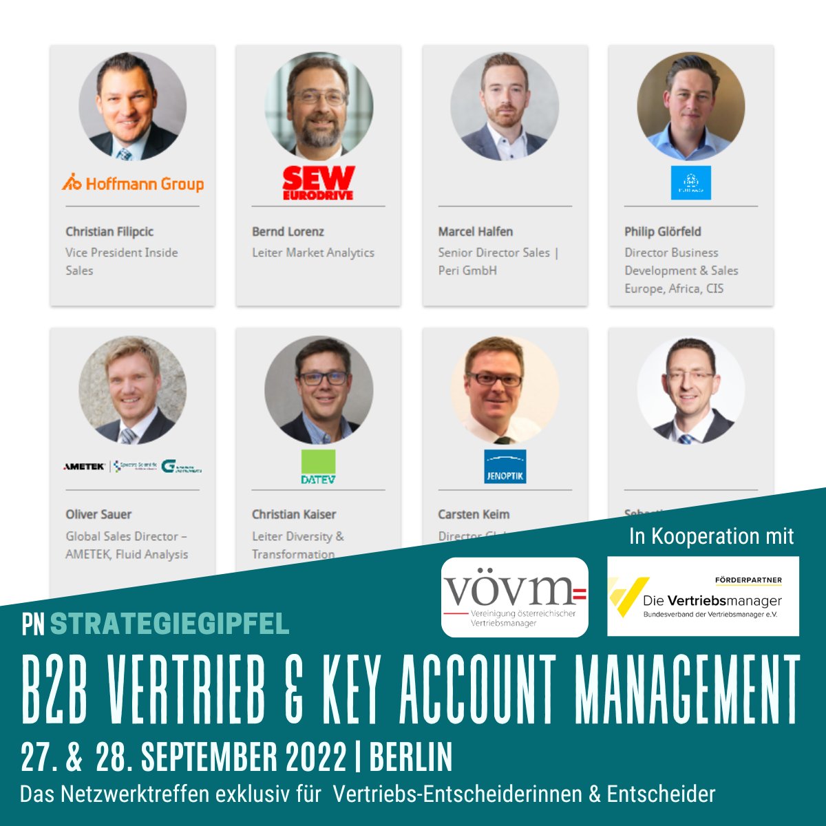 Am 27./28. September treffen sich in Berlin Führungskräfte aus dem B2B Vertrieb, um sich über die neuesten Trends auszutauschen und voneinander zu lernen.

Zur Anmeldung gelangen Sie hier:
project-networks.com/events/strateg…
