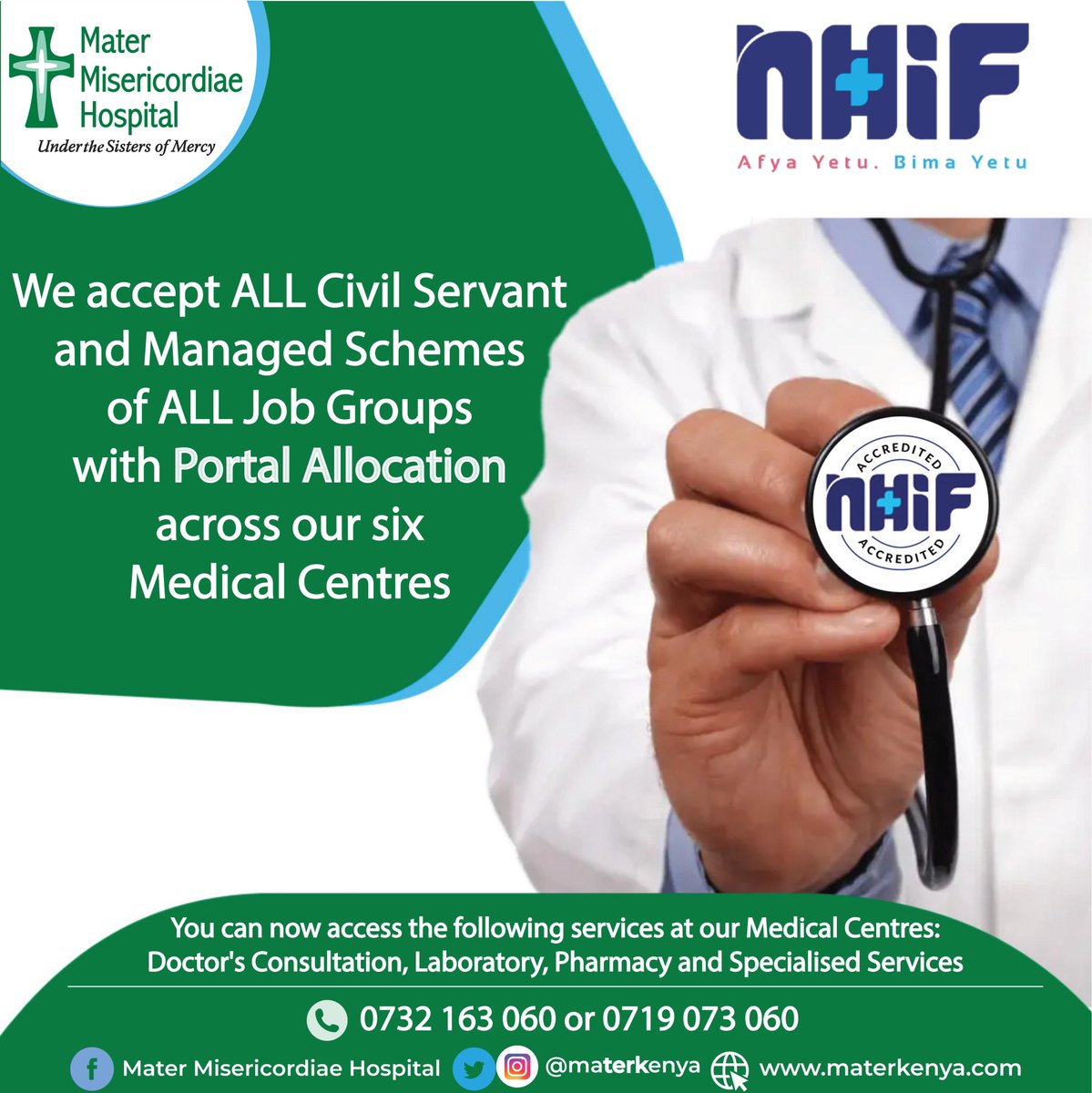 materkenya's tweet photo. The @materkenya Medical Centres are now NHIF accredited. We accept NHIF Medical Scheme for Civil Servants and Managed Schemes with Portal allocation across our six Medical Centres;
√ Buruburu
√ Kasarani
√ Westlands
√ Development House
√ Thika
√ Shujaa
Welcome! https://t.co/kWvmlStHWc