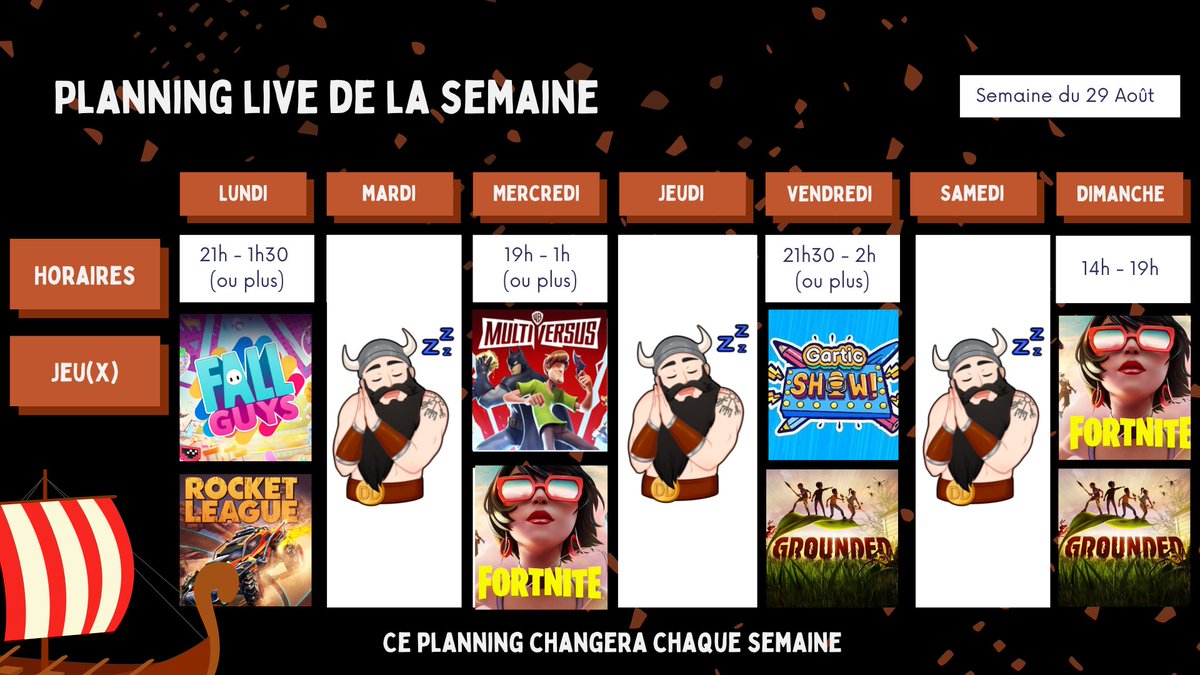Donald_Drusss's tweet photo. ⚔️ Filles et Fils D'Odin ! ⚔️
Voici le planning de cette semaine, j'espère que vendredi pour mon tout premier Gartic show il y aura beaucoup de vikings présent 🍻 
#twitch #twitchfr #fallguys #fortnite #rocketleague #grounded #multiversus #garticshow #streamer #stream #live https://t.co/6G273oNy91