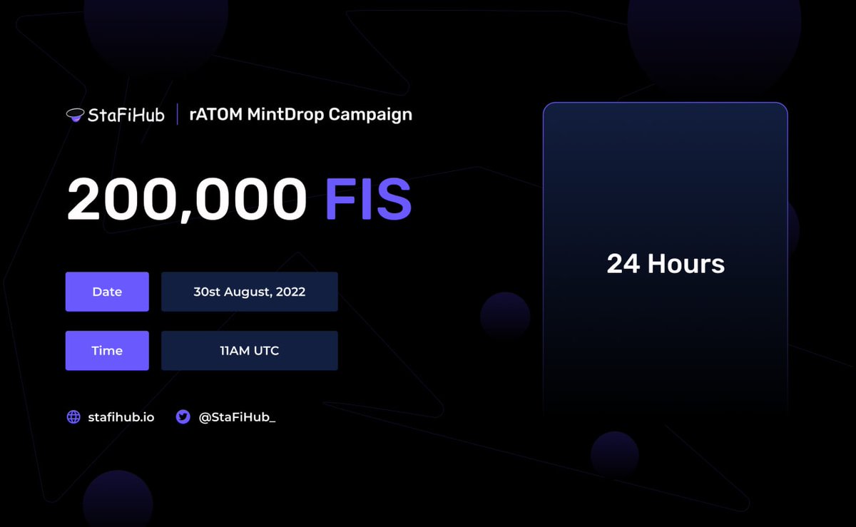 StaFiHub_'s tweet photo. 📢 rATOM MintDrop Campaign will be Live in 24 hours.
Stake some $ATOM on #StaFiHub if you haven't for a chance to share from 200,000 $FIS reward pool. https://t.co/m4kZ5bRJaP