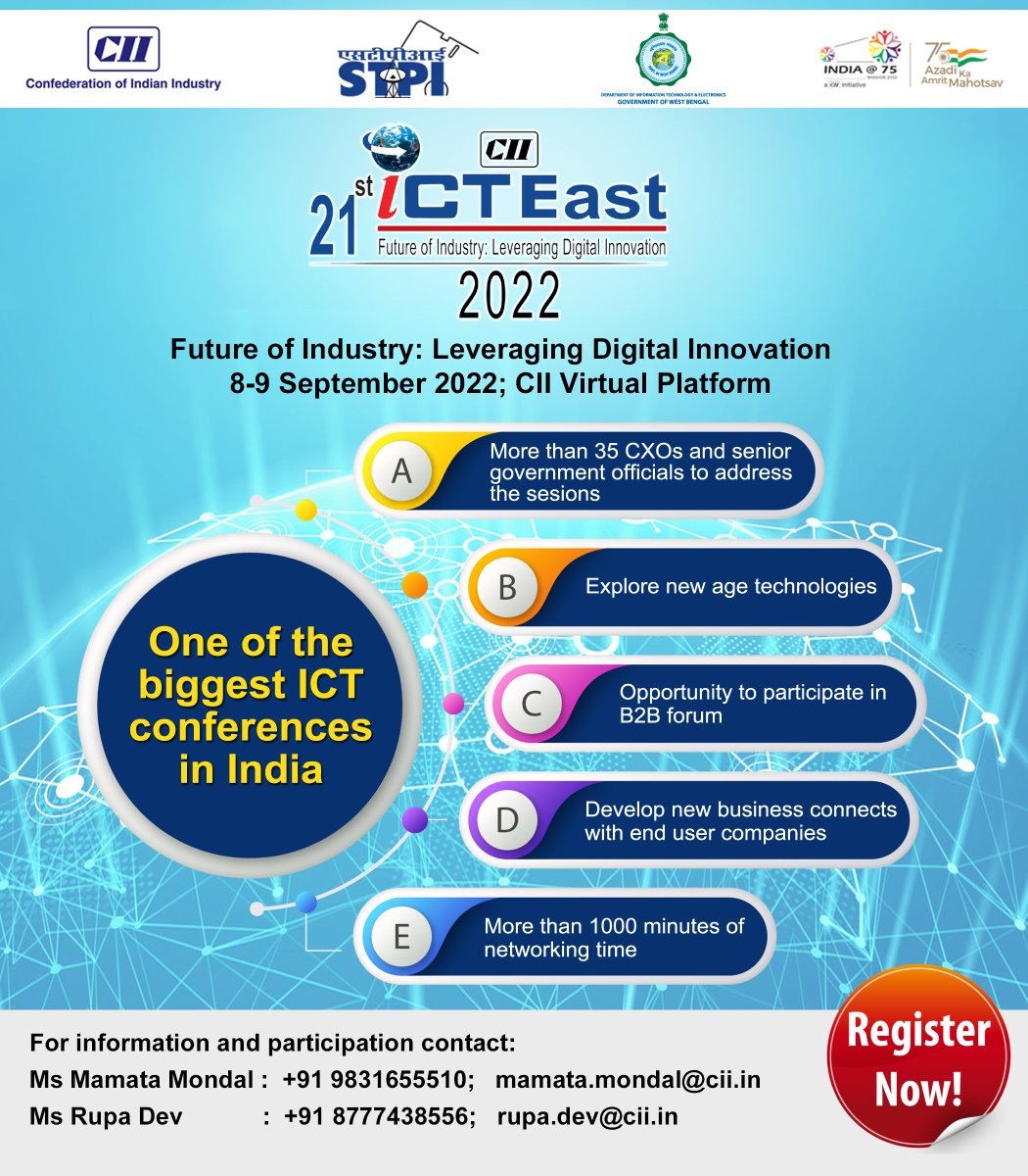 CII4ER's tweet photo. 21st ICT East 2022: CII Eastern Region is organizing the 21st ICT East, the annual conference, on 8-9 September 2022 in Kolkata. The central theme of the conference is “Future of Industry: Leveraging Digital Innovation” #BuildingEast #ICTEast @FollowCII #Digital #Innovation https://t.co/pdVa6WD8Ja