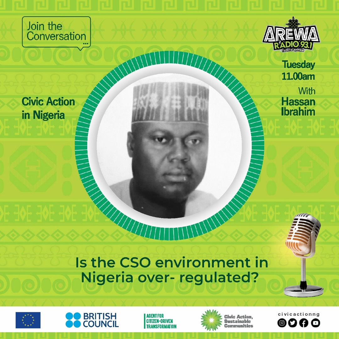 You can be with me tomorrow 30 September 2022 by 11.00 am at Arewa Radio  93.1 FM.

Is the Civil Society Organization in Nigeria over-regulated? 
Lets discuss.

It is a program funded by EU and supported by British council through ACT.