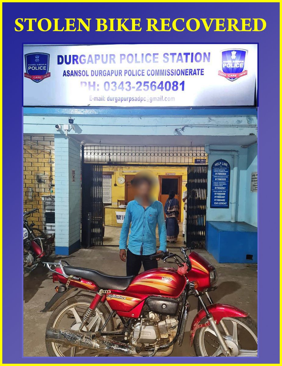 Cpadpc's tweet photo. Stolen Motor Cycle recovered by Durgapur PS @Cpadpc. Arrest 01 person Durgapur PS Case No. 363/22 dt 08.88.22
#StolenRecovery #BikeRecovered
#ADPCDetects #DurgapurPS @WBPolice https://t.co/15wifwfblq