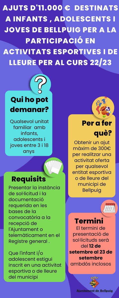 puntstudy's tweet photo. Nova convocatòria de subvencions destinades a infants, adolescents i joves (de 3 a 18 anys) de Bellpuig per a la participació en extraescolars per al curs 2022-23.
...
El termini de presentació de sol·licituds serà del 12 al 23 de setembre ambdós inclosos
Mes info @puntstudy https://t.co/vvYP6V3Zyo