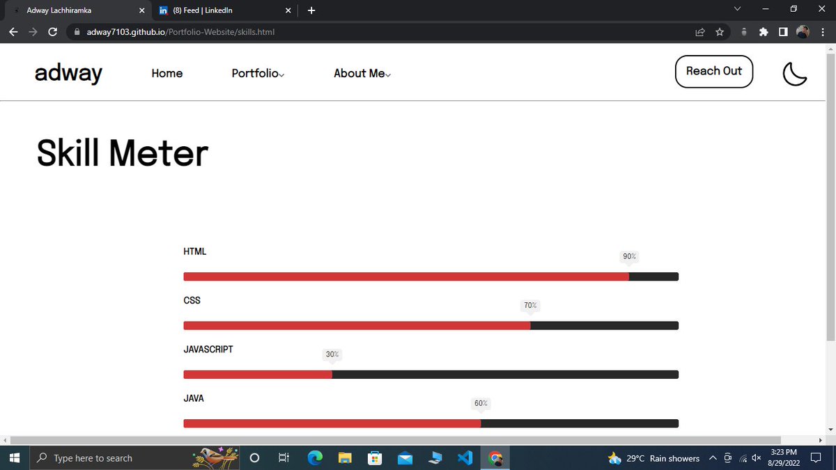 Adwayyyyy's tweet photo. Day#9

Today I,

-created a skills meter for my website.

-completed a reach out section for my website.

-completed the contact details section of my website

Everything is responsive and has dark-m toggle
#CodeChallenge #100daysofcode #webdesign #WebDevelopment #javascript #css https://t.co/kFpupQhDsj