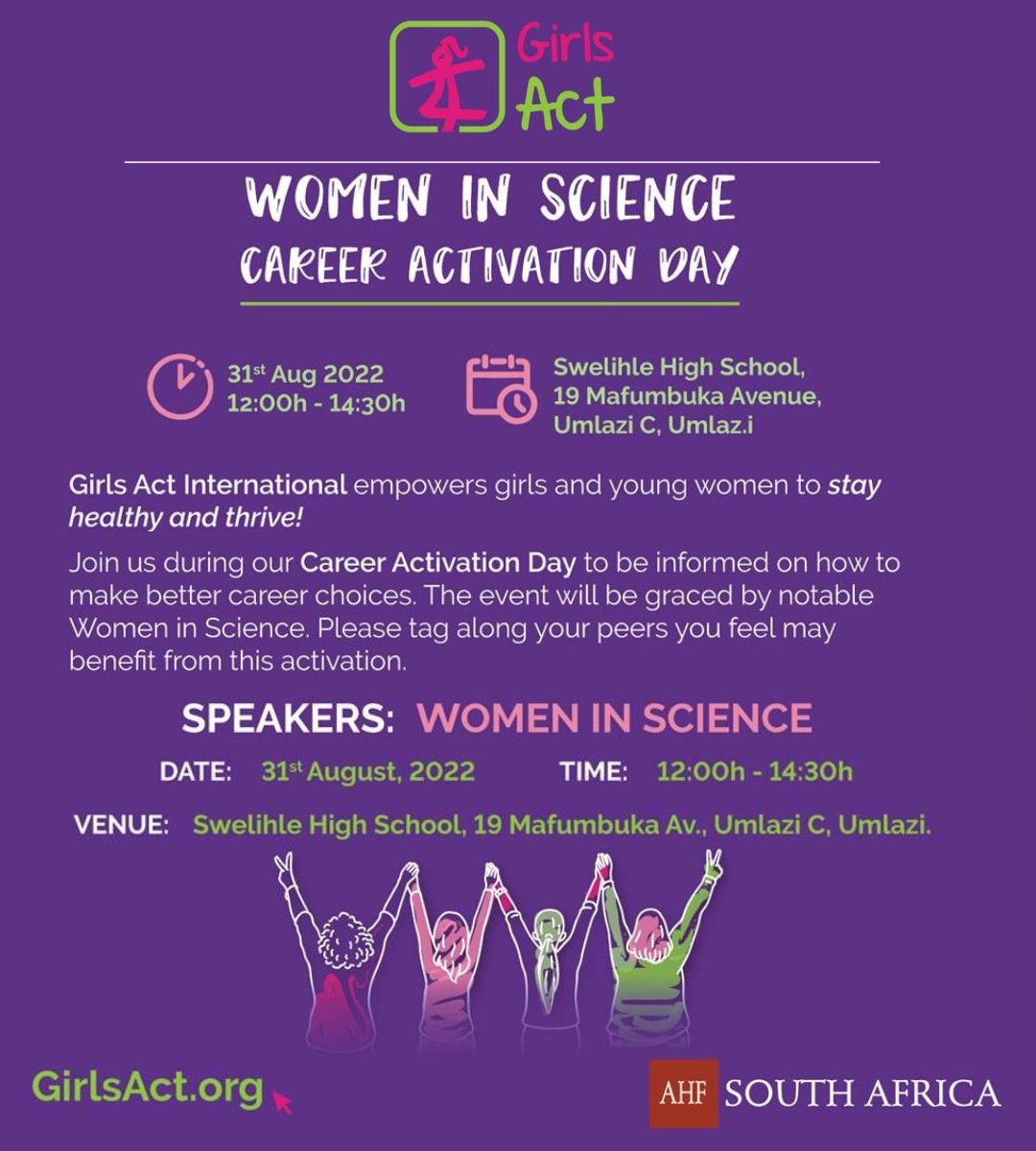 ahfsouthafrica's tweet photo. Take your next step with your foot in the right direction! We are partnering with @GirlsActIntl for a career activation day at Swelihle High School.
Join us on 31 August at 12H00! Tag friends who you'd like to bring along!
#careeractivation #womeninscience #takeyournextstep https://t.co/cnxVYRk6yW
