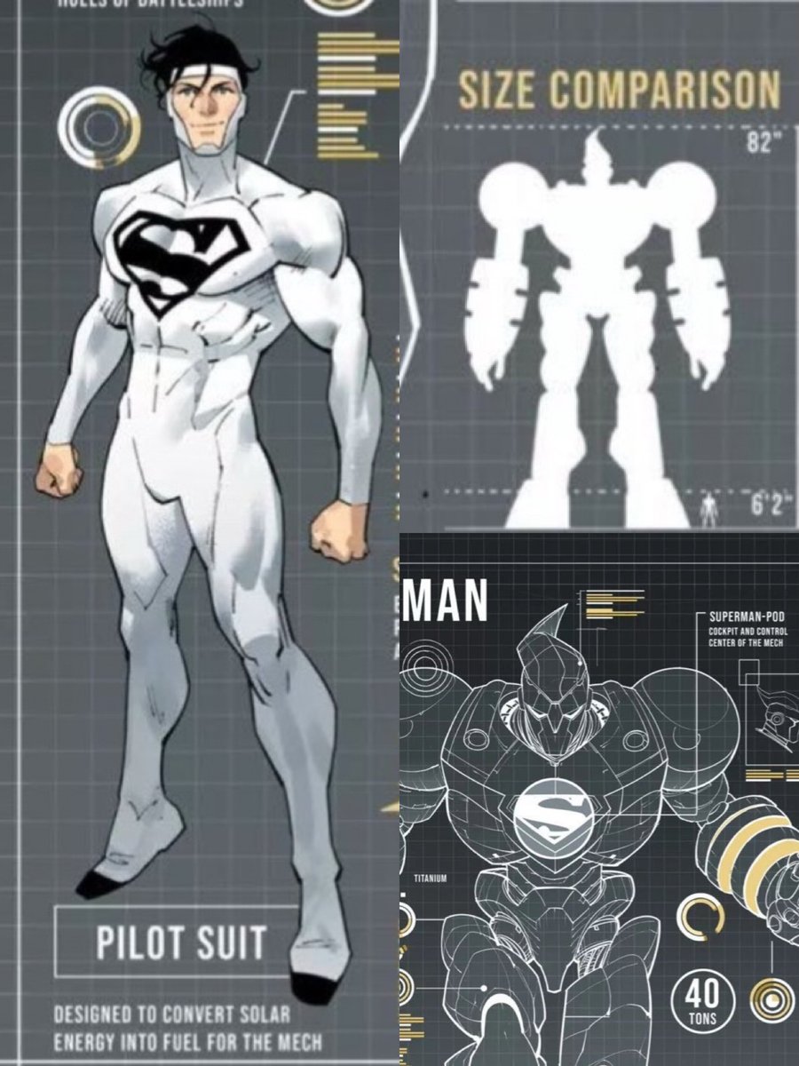 Flyinghanzo's tweet photo. #Superbat 
Just went through the mech settings: 
Supe's mech: weights :40 tons &amp; heights :82''
Bat-mech: weights : 30 tons  &amp; heights :72''
Even for the mech, they got to apply the size kink stuff
Also, their pilot suits showed their power difference.
Love those little details😊 https://t.co/pGtROisxvV