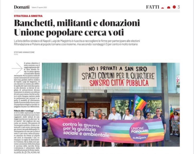 📣Ma cos'è #UnionePopolare ? 🤔

Vediamo cosa dicono alcune testate! 🗞️
📰"Il Giornale"
📰"Il Fatto Quotidiano": ilfattoquotidiano.it/2022/08/26/cam…
📰"Il Riformista": ilriformista.it/candidato-con-…
📰"Domani": editorialedomani.it/politica/itali…