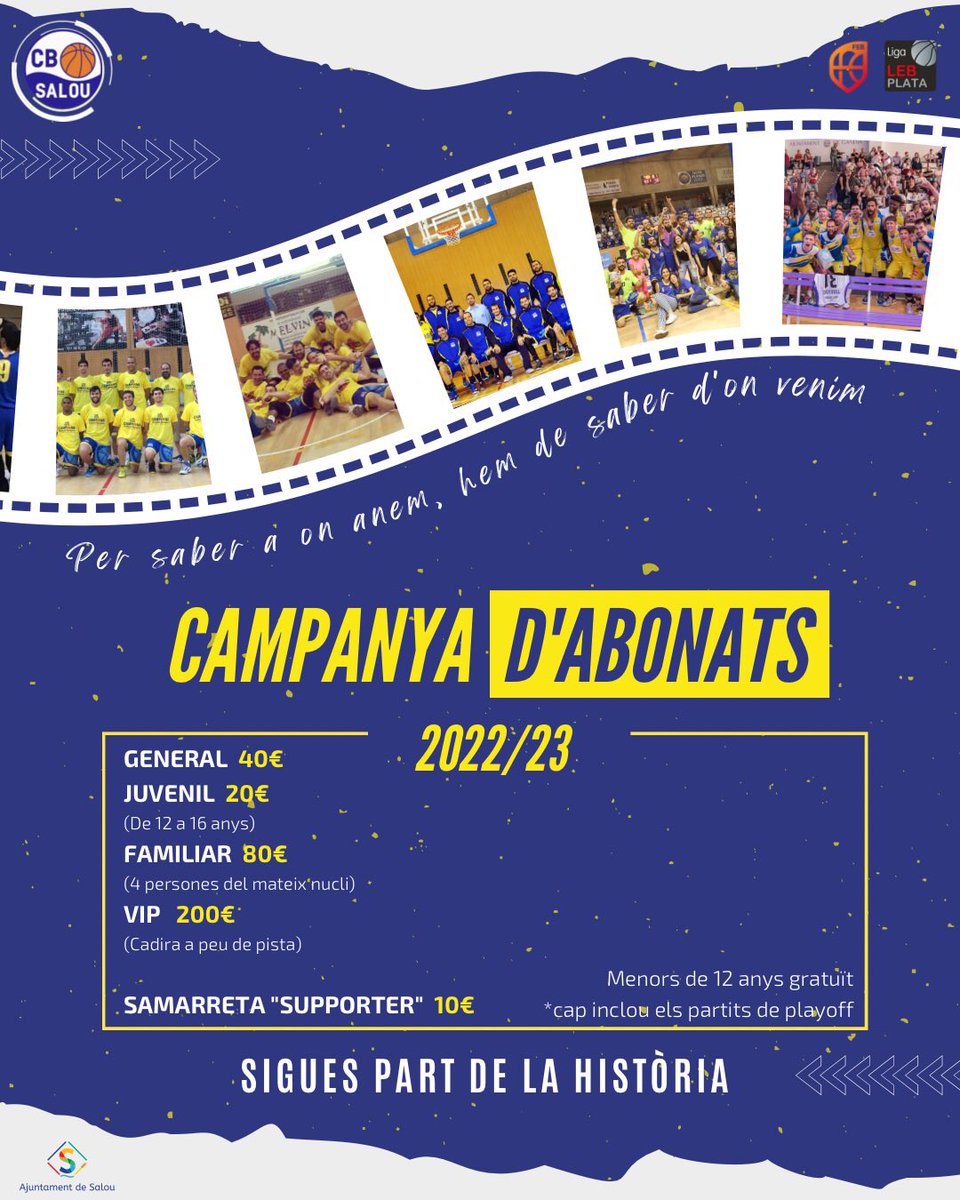 CbSalou's tweet photo. PLATA | 🟡 Aquest any viu una temporada històrica al nostre costat

🎟 CAMPANYA D’ABONATS 22/23

⬇️ Aconsegueix el teu! 
https://t.co/eoOAjpuoNp

#JuntFentHistòria https://t.co/4N2TjCX40C