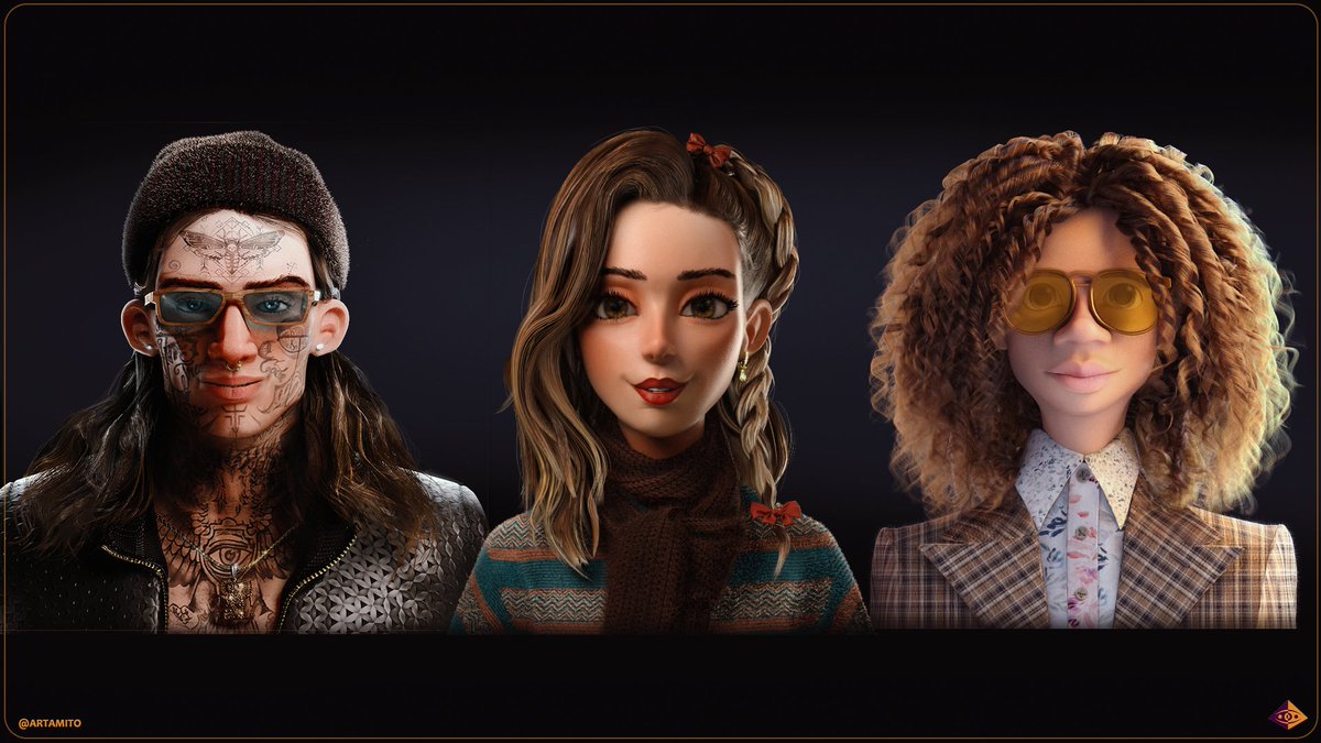 Adam, Eve and George.
Which one do you like the most? 
.
#artamito #3D #3drender #3dart #3dmodeling #3Danimation #nftart #Trending #characterart #3Dartist #NFTartists #portfolio #portraits
