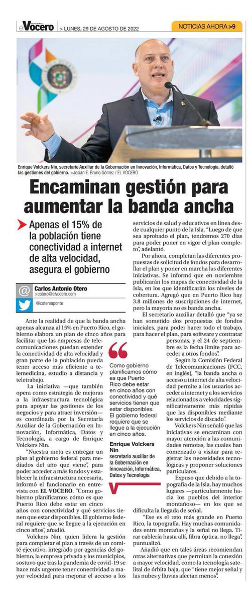 lafortalezadepr's tweet photo. El gobierno elabora un plan de cinco años para facilitar que las empresas de telecomunicaciones puedan extender la conectividad de alta velocidad y gran parte de la población pueda tener acceso más eficiente a telemedicina, estudio a distancia y teletrabajo | vía @VoceroPR https://t.co/M8m0yVriKv