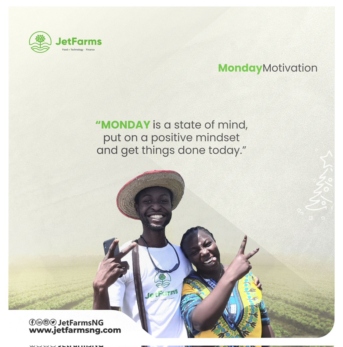 jetfarmsng's tweet photo. Positive mindset engineers positive results.
Happy New Week!
Follow us @jetfarmsng for more educational, informative, and interesting content on all things agriculture related.
#agroislife #foodsecurity #farming #newweek #quotes #jetfarmsng #jetfarms https://t.co/5Vl0MXyjHl