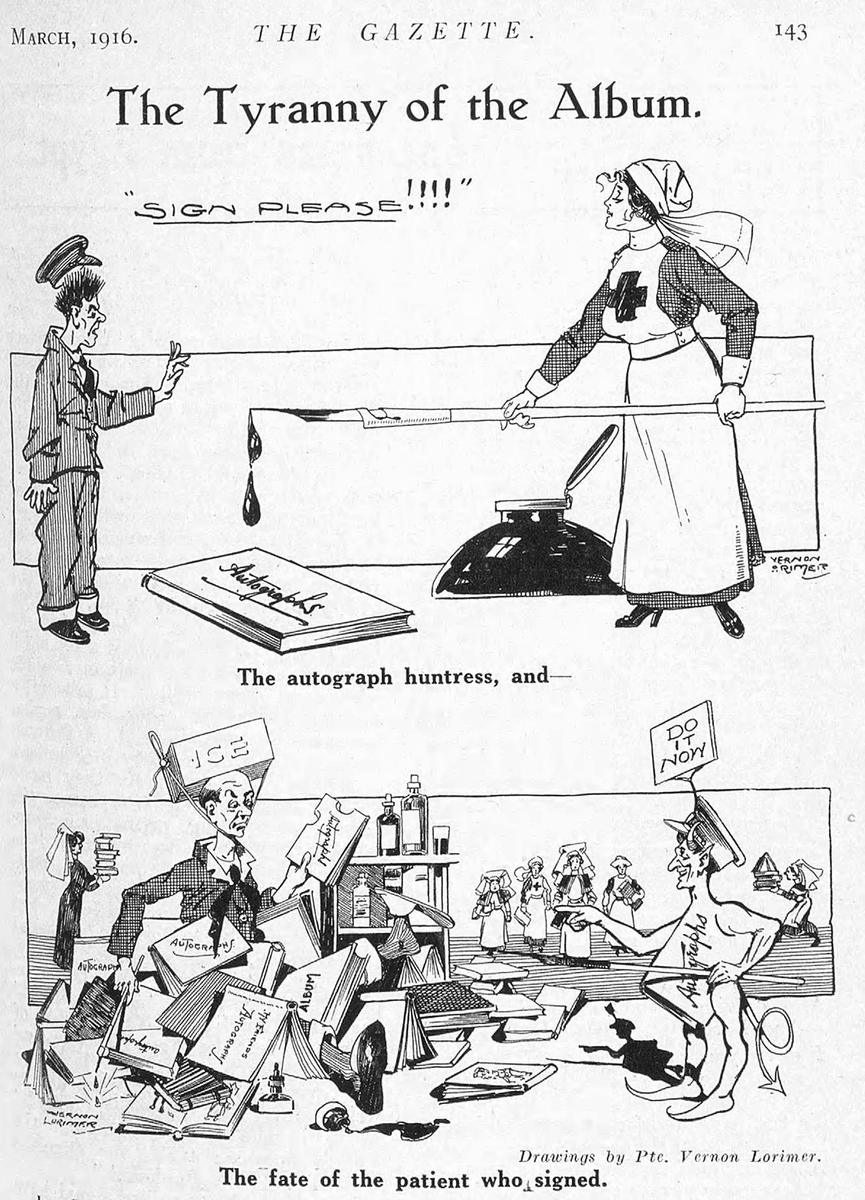 I am starting to go through my personal collection of #WW1Ephemera for my dissertation and this cartoon, from March 1916  Wandsworth Hospital Gazette, is very relevant. #ww1 #fww