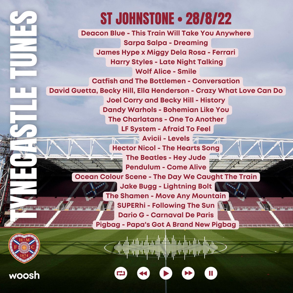 wooshevents's tweet photo. Latest playlist from Tynecastle Park and @JamTarts over @StJohnstone in The @spfl Premiership.
#sportspresentation #stadiumDJ #SPFL #tynecastlepark #musicplaylist #wemakeevents #eventsprofs #stadiumannouncer #showcaller #playlist #sportplaylist #cinch https://t.co/Ny80ss0tZ5