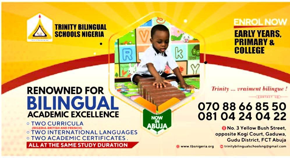 TbilingualNig's tweet photo. Kindly call +2347088668550 now to
enrol your child in the ongoing Admission into Early Years, Primary and College.   

TBSN is renowned for Pioneering Bilingual Educational Advancement in Nigeria. https://t.co/qcxBZikSGC