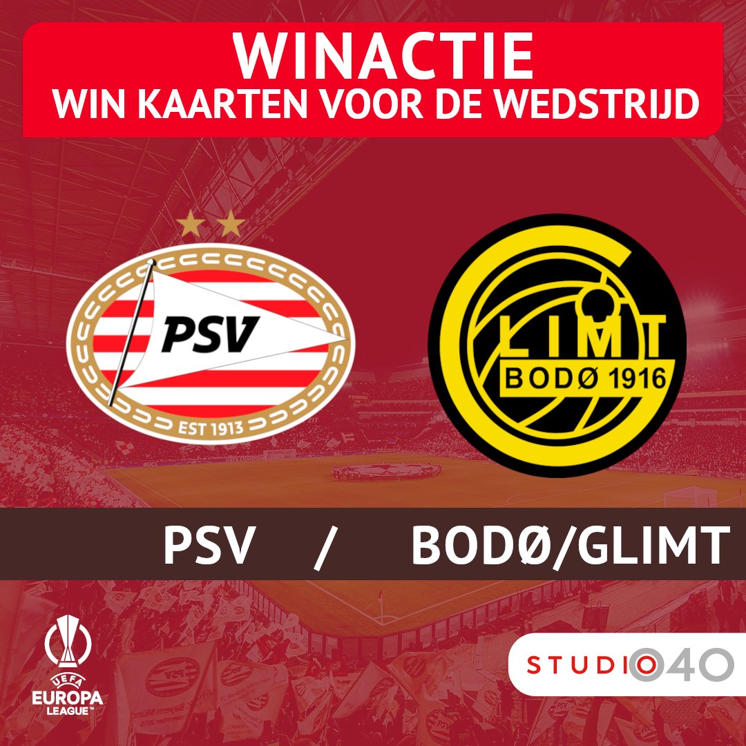 🔴⚪️ WINACTIE <a href="/PSV/">PSV</a> - <a href="/Glimt/">FK Bodø/Glimt | Seriemester 2024 🏆</a>
De eerste wedstrijd in de #EuropaLeague is een thuiswedstrijd!

En wij sturen je daar naar toe! Van  29 augustus t/m 2 september maak je kans op 2 tickets bij '040 in de avond'.

SMS '040 + PSV + JE NAAM' naar 3010

#psv #bodoglimt #winnen #eindhoven