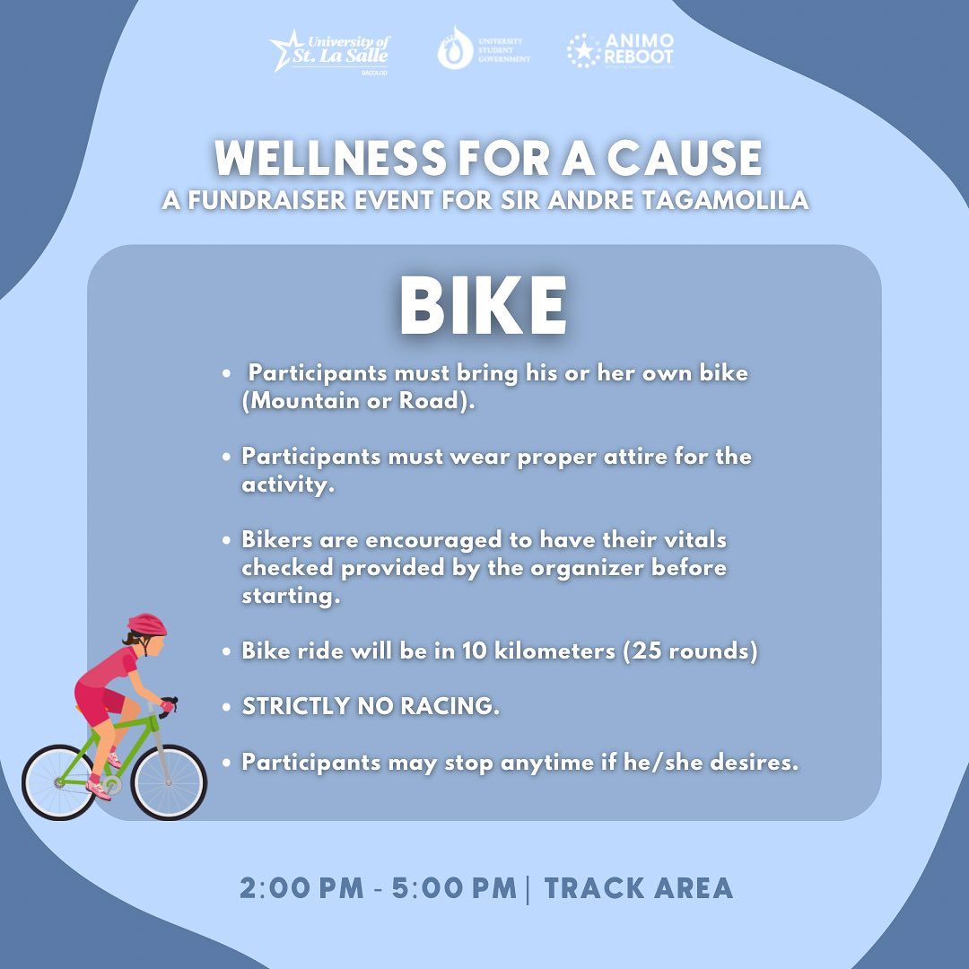 usls_usg's tweet photo. This event will be composed of the following activities:
* SWIMMING – Anytime during the day (USLS Pool)
* WALK – 7 AM-9:30 AM (Track Area)
* Bike – 2-5 PM (Track Area)
* Zumba 4 PM (College Covered Court)

You are free to sign up for as many or as few activities as you wish.
3/4 https://t.co/Mu6Iqansuo