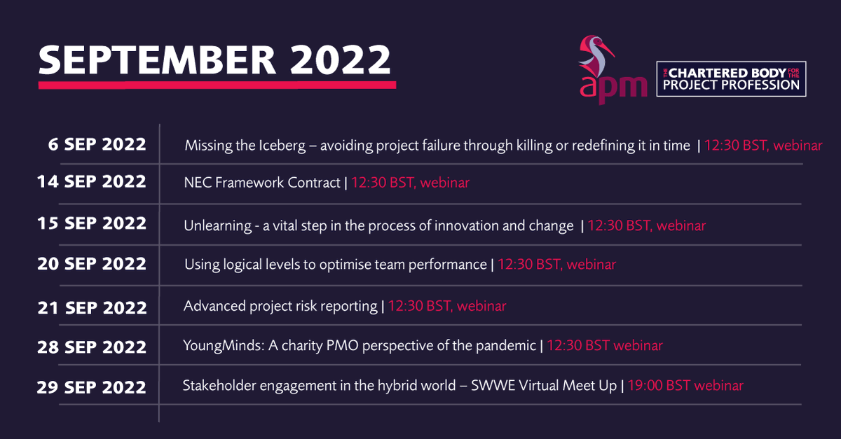 APMProjectMgmt's tweet photo. Are you looking to learn more about a particular #projectmanagement topic?

In September, we have a range of webinars hosted by the APM Branches and Specific Interest Groups (SIGs). Take the opportunity to join one of the #APMwebinars: https://t.co/GOg86vO8qb https://t.co/YtyCF2S0Fs