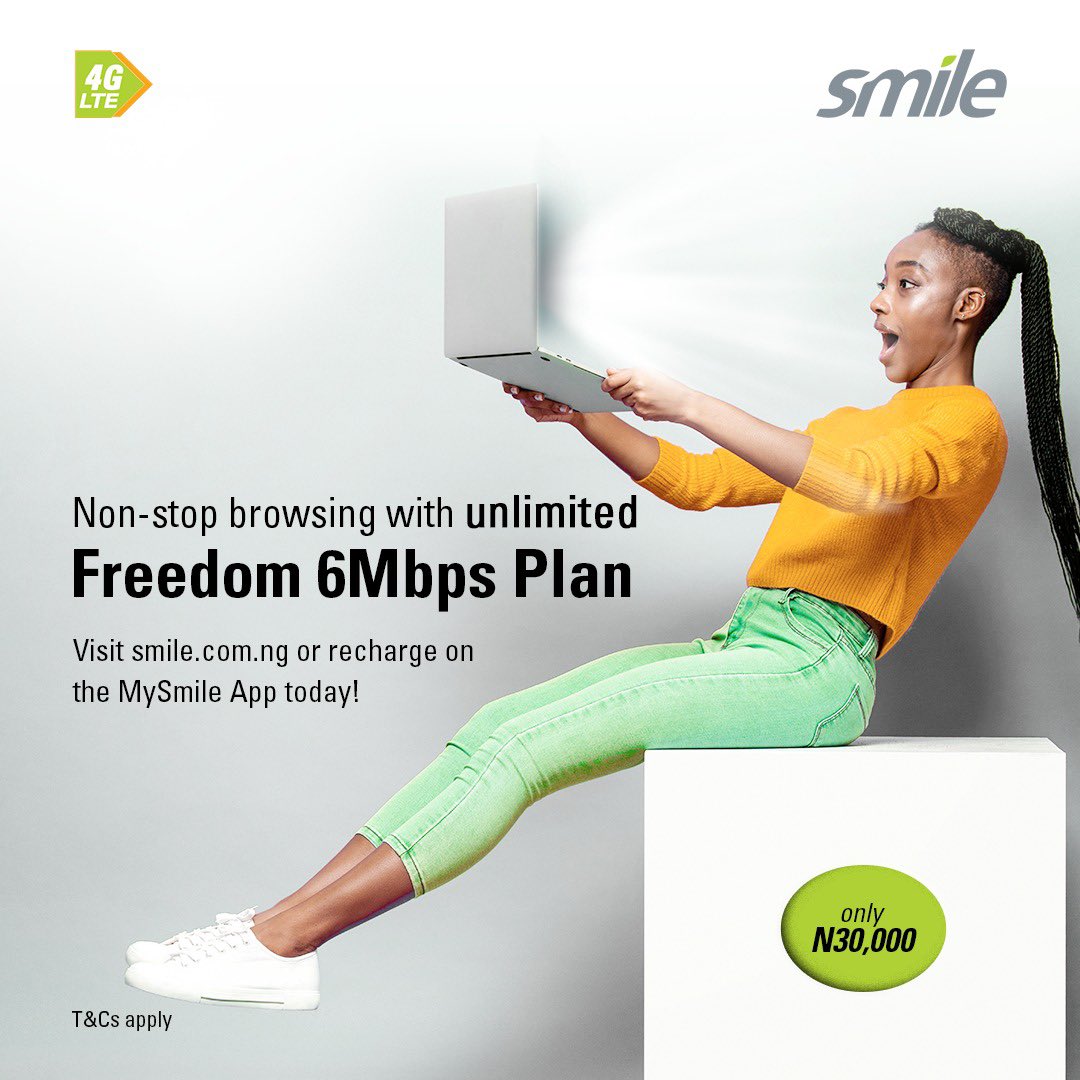 SmileComsNG's tweet photo. Stay connected always with Smile Freedom 6Mbps plan, valid 30 days.
Visit https://t.co/7StQMned1A or download the MySmile App to recharge today.
#SmileNG #TrueFreedom #TrueUnlimited #unlimiteddataplan #SmileInternet https://t.co/l04dKe2lFq