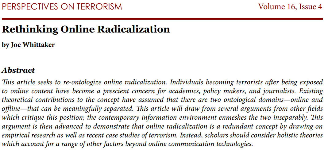 CTProject_JW's tweet photo. New one from me for @Perspectives_T. In it I try to demonstrate why "online radicalisation" is a redundant concept. It's not even clear that we can even demarcate "online" from "offline" anymore.

https://t.co/BY8qH0l2u9 https://t.co/SpgfMuxUmF