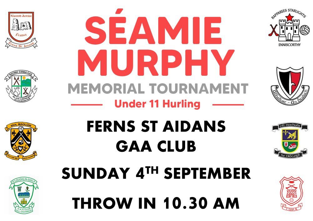 FernsGAA's tweet photo. The second annual Séamie Murphy U11 tournament takes place this Sunday morning in the club grounds. Please note that parking will be above the GAA grounds (towards Big Tree/Tombrack). There will also be a commemorative programme on the day for €5. Hoping for a big crowd! https://t.co/zJPO5dsvQX
