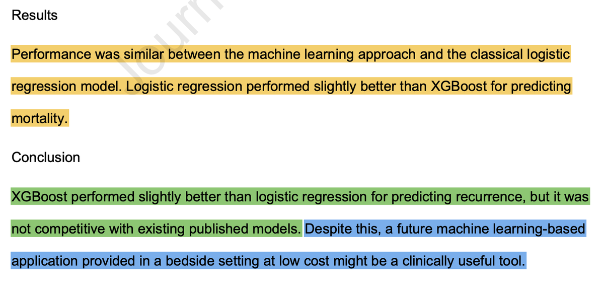 GSCollins's tweet photo. 'Spin' in action👇- from a recently published paper comparing '#machinlearning' to logistic regression. 

We'll also ignore no results in the Abstract (sigh🙄) - they clearly haven't used the @TRIPODStatement (https://t.co/tVA0xHXdRu)

#mltwitter #statstwitter #keepithonest https://t.co/wHxk6Ix3k5