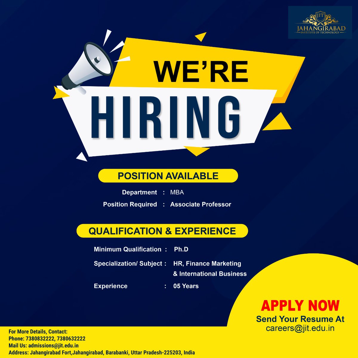 JetgiJit's tweet photo. Hiring Alert
Desired candidates can mail their updated CVs to careers@jit.edu.in
.
.
.
.
.
.
.
.
.
#jobhunt #jobopening #nowhiring #jobvacancy #vacancy #educationjobs #lucknowjob #academicjobs #jahangirabad #jitbbk #jitbarabanki #lucknow #barabanki https://t.co/LuoSIkrZ45