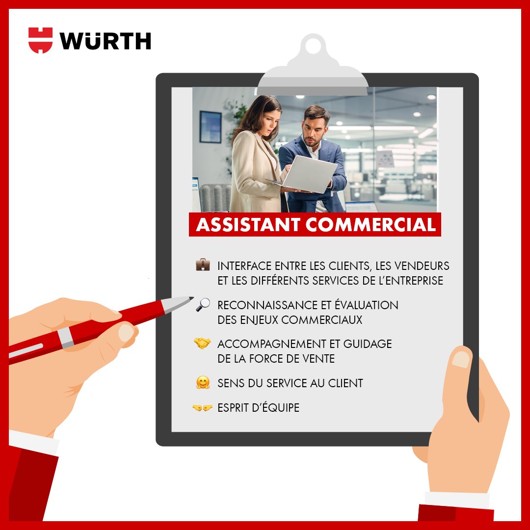 Vous souhaitez en savoir plus sur les missions d'un(e) Assistant(e) Commercial(e) Würth France ?🤔

Découvrez sa fiche métier juste ici ⤵

Ce métier vous intéresse ? Retrouvez toutes nos offres en ligne ici 👉lnkd.in/dnMctwS

#WürthFamily #Métier #Emoji