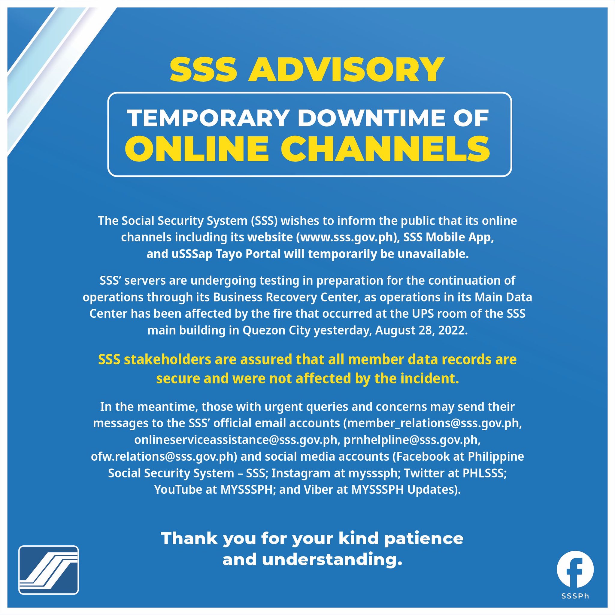 Social Security System on Twitter: "ADVISORY: The Social Security System ( SSS) wishes to inform the public that its online channels including its  website (https://t.co/xzmI8XRrjg), SSS Mobile App, and uSSSap Tayo Portal  will
