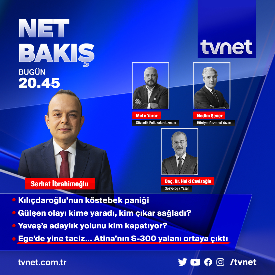 ◾ Kılıçdaroğlu'nun köstebek paniği ◾ Gülşen olayı kime yaradı, kim çıkar sağladı? ◾ Mansur Yavaş'a adaylık yolunu kim kapatıyor? 👉 @serhatibrahim soruyor; @meteyarar, @nedimsener2010 ve @mhulkicevizoglu cevaplıyor. #NetBakış, bu akşam 20:45'te #TVNET'te.