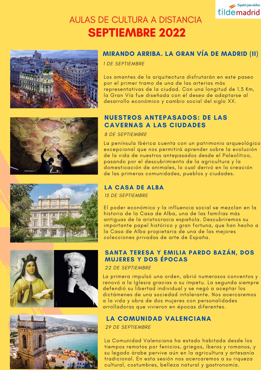 Tras el parón veraniego, retomamos nuestro programa cultural a distancia con el mismo entusiasmo de siempre. Te informamos de que ya están abiertas las plazas para participar en las aulas del mes de SEPTIEMBRE de 2022