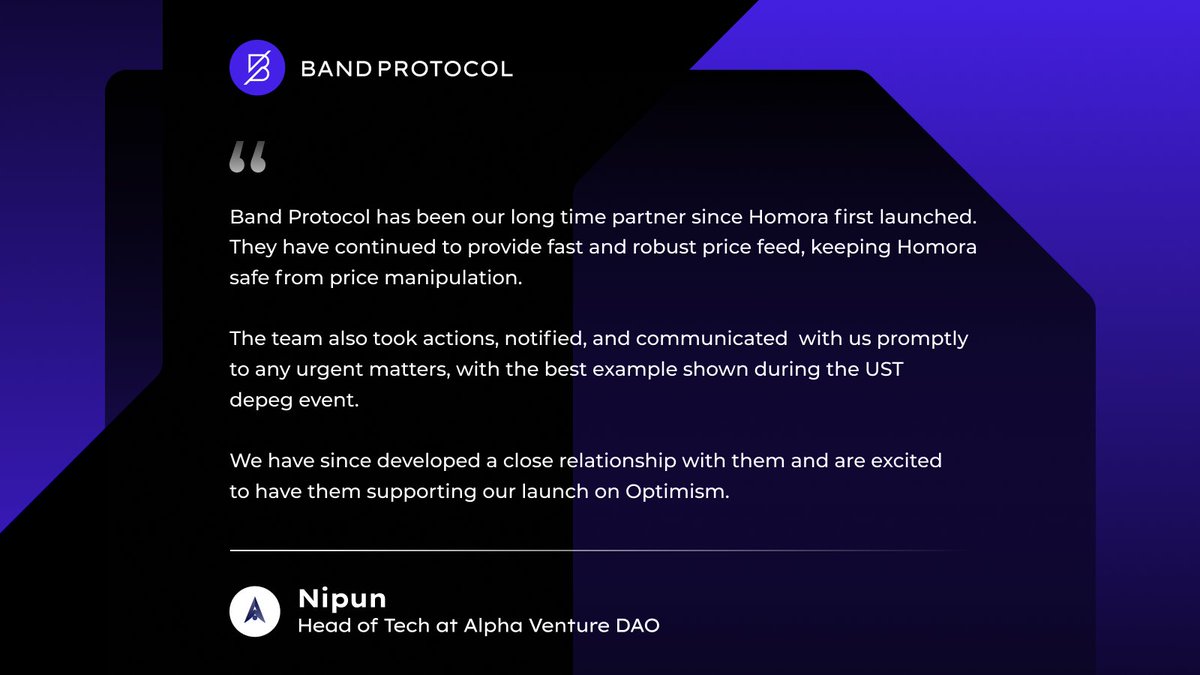 BandProtocol's tweet image. Band Protocol’s latest collaboration with @Alpha_HomoraV2 is a testament to our ongoing long-term partnership with @alphaventuredao as we strive to contribute to the development of the #Web3 ecosystem. 🔥🔥

👉Check out the full partnership detail here: bit.ly/3Cn9Gyz