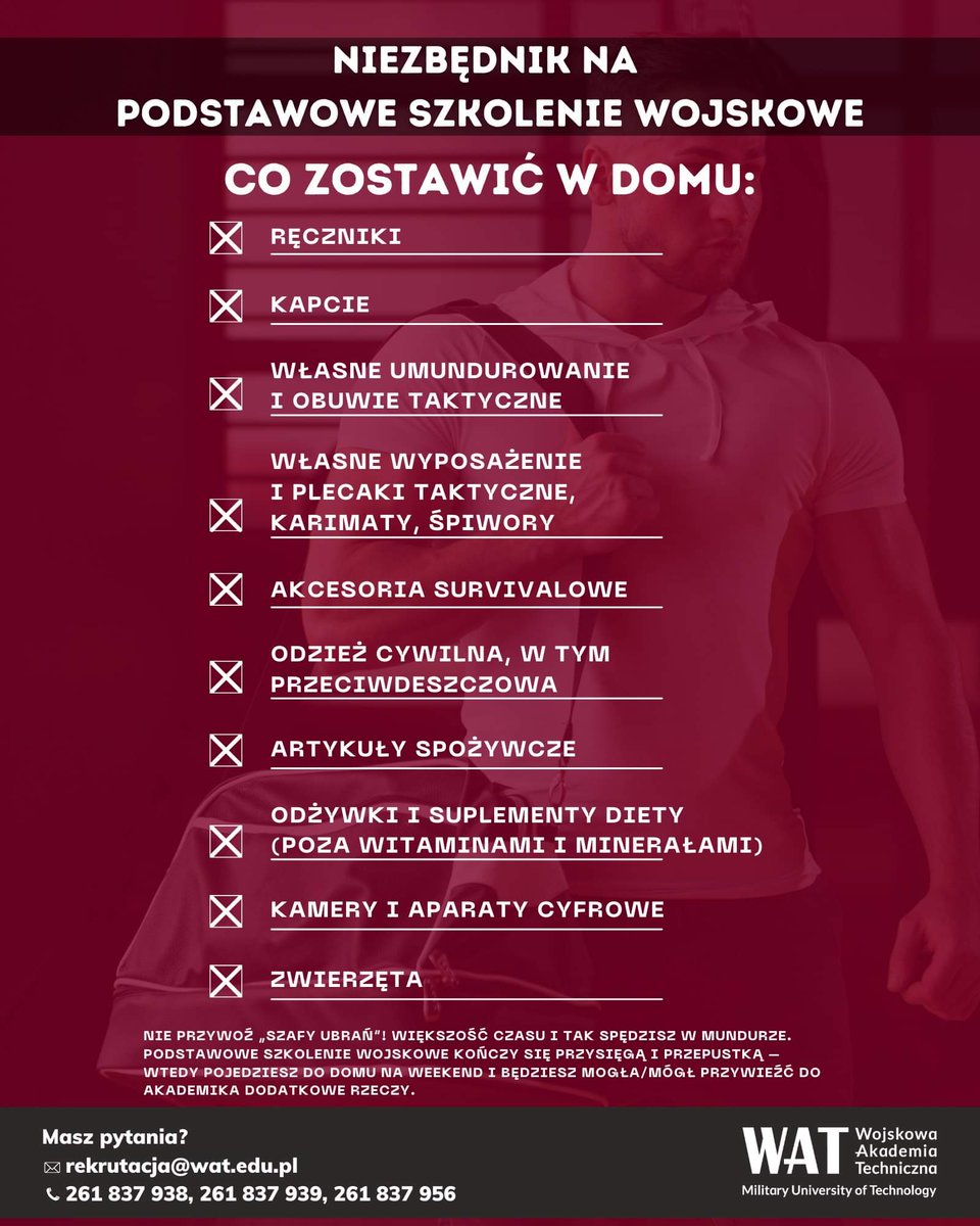 WCR_Konin's tweet photo. #WATradzi co zabrać na szkolenie:
✅ koniecznie musisz wziąć,
🆗 warto zabrać,
❎ zostawić w domu.
Do zobaczenia 1 i 2 września na powołaniu!
#WAT #ZostańPodchorążymWAT #unitarka #niezbędnik
🖼 Wojskowa Akademia Techniczna https://t.co/OHPyCAIluk