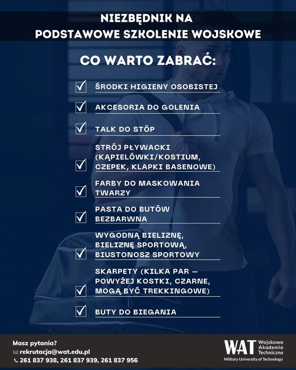 WCR_Konin's tweet photo. #WATradzi co zabrać na szkolenie:
✅ koniecznie musisz wziąć,
🆗 warto zabrać,
❎ zostawić w domu.
Do zobaczenia 1 i 2 września na powołaniu!
#WAT #ZostańPodchorążymWAT #unitarka #niezbędnik
🖼 Wojskowa Akademia Techniczna https://t.co/OHPyCAIluk